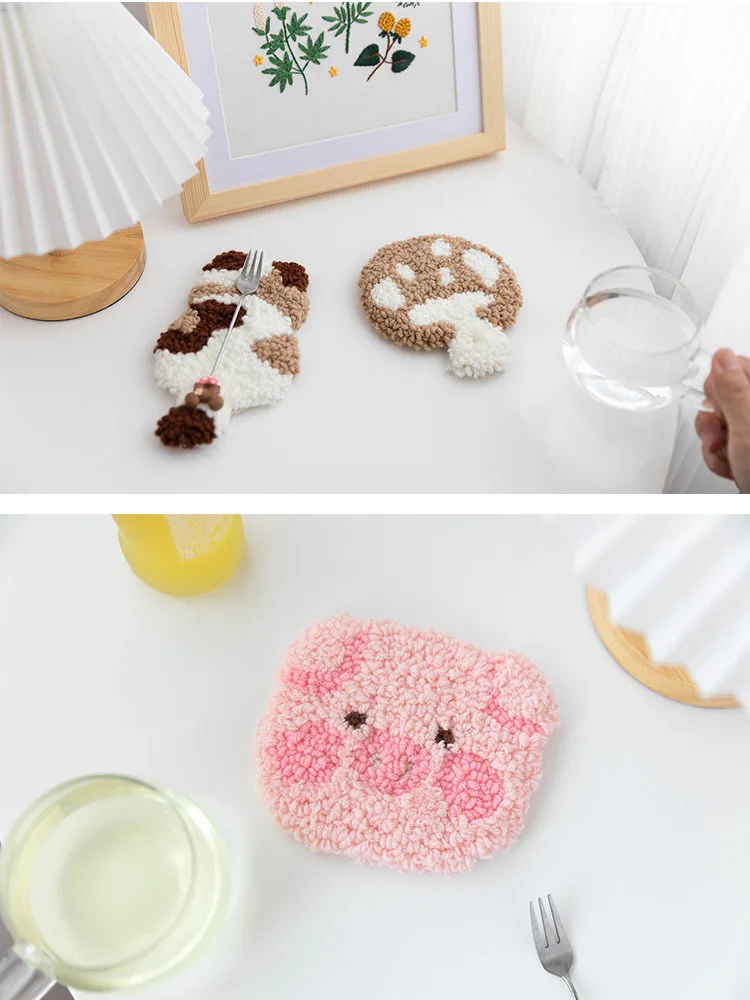 Animal Coasters Punch Needle Sets, Adult Beginner DIY Coasters Embroidery Tool Tufted Pads Felt Yarns Needle Punch Craft Gift