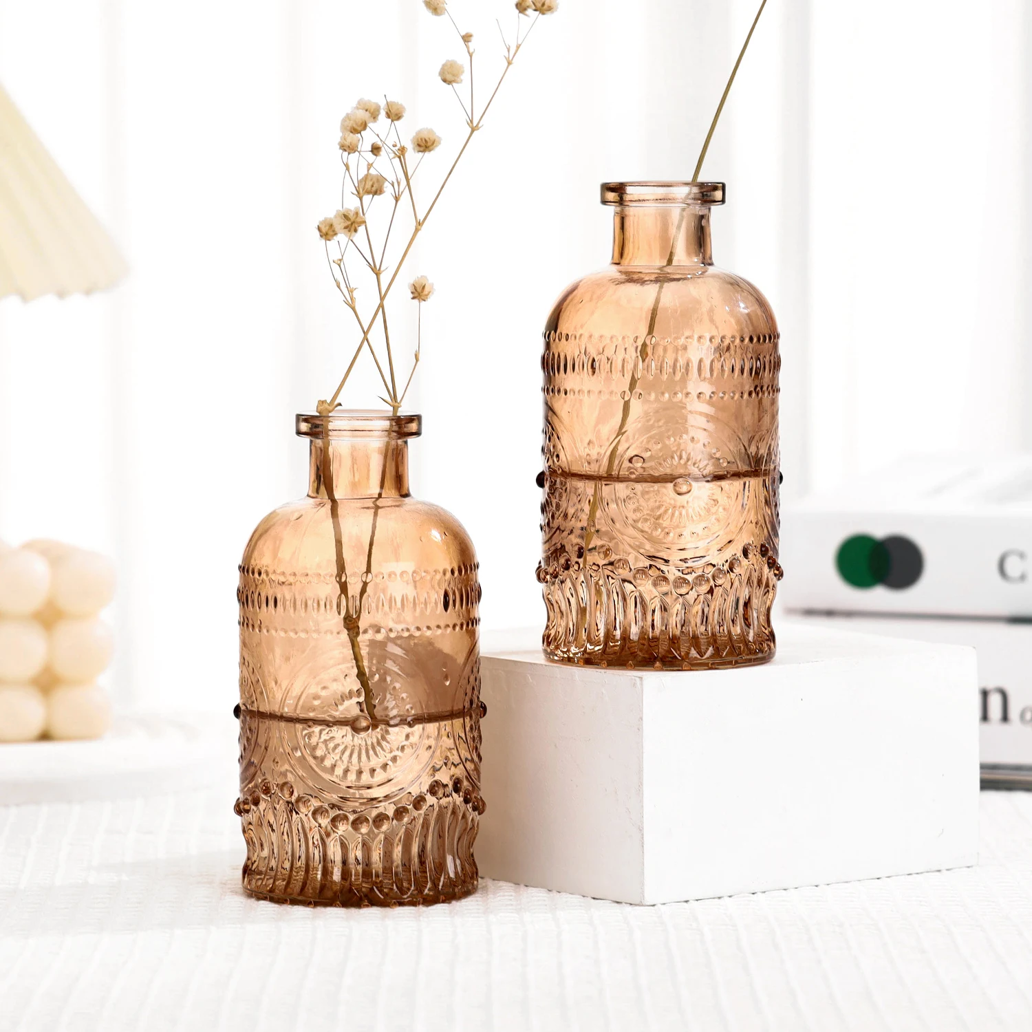 Mini Spanish Style Small Vintage Relief Retro Ribbed Stem Wedding Transparent Clear Glass Flower Hydroponics Floral Bud Vase