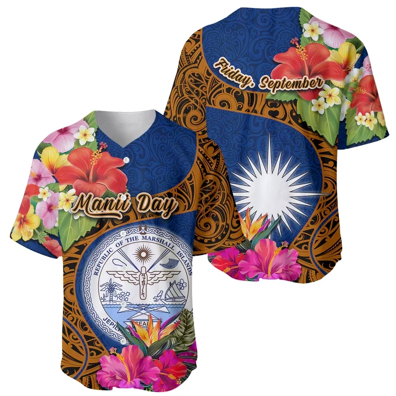 Wholesale Marshall Islands Manit Day Baseball Jersey Mix Hibiscus Flower Maori Pattern Style Male Jersey Men Short Sleeve Shirt
