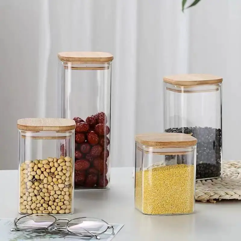 Glass Storage Jars with Sealed Bamboo Lids -Clear Glass Bulk Food Storage Canister for Serving Tea, Coffee, Spice, Candy, Cookie