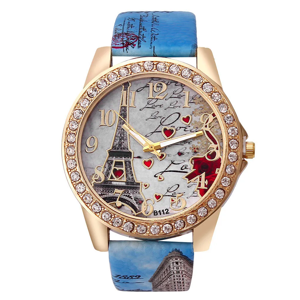 Luxury Crystal Paris Eiffel Tower Watches Fashion Diamond Leather Belt Quartz Wrist Ladies Watches Women Luxury Gift Watch