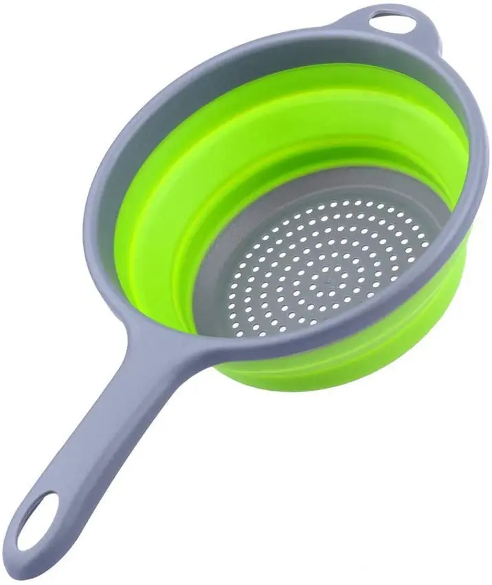 Long Handle Round Fruit Basket Silicone Strainer Collapsible Colander Space-Saveing Foldable Washing Strainer with Handle