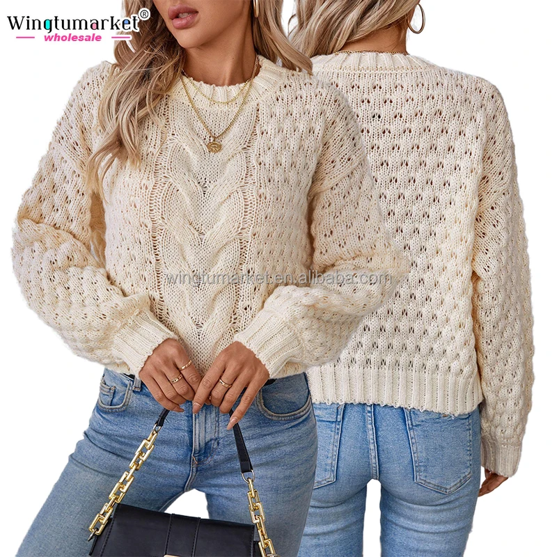 Wholesale winter casual light pullover hollow out cutout twisted eight jumper solid color cable knitted ribbed women sweater