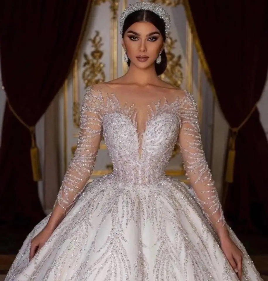 2023 Luxury wedding dresses Beaded Sequin ball gown long sleeves Bridal Wedding Dress Sexy Africa Bridal gowns Wedding Dresses