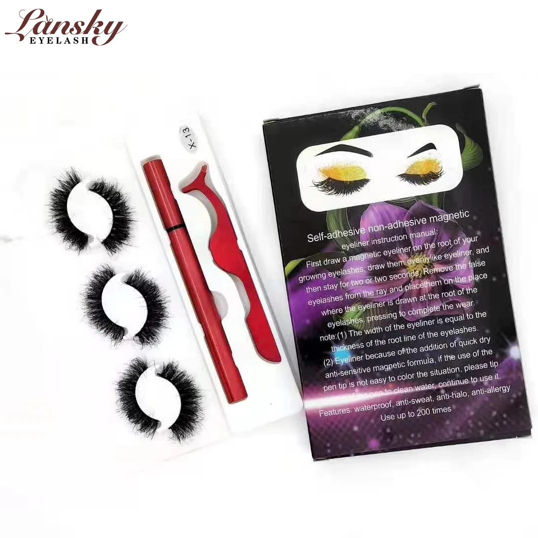 private label 3 pairs mink lash box vendor natural mink eyelashes set with glue magic eyeliner pen and tweezers