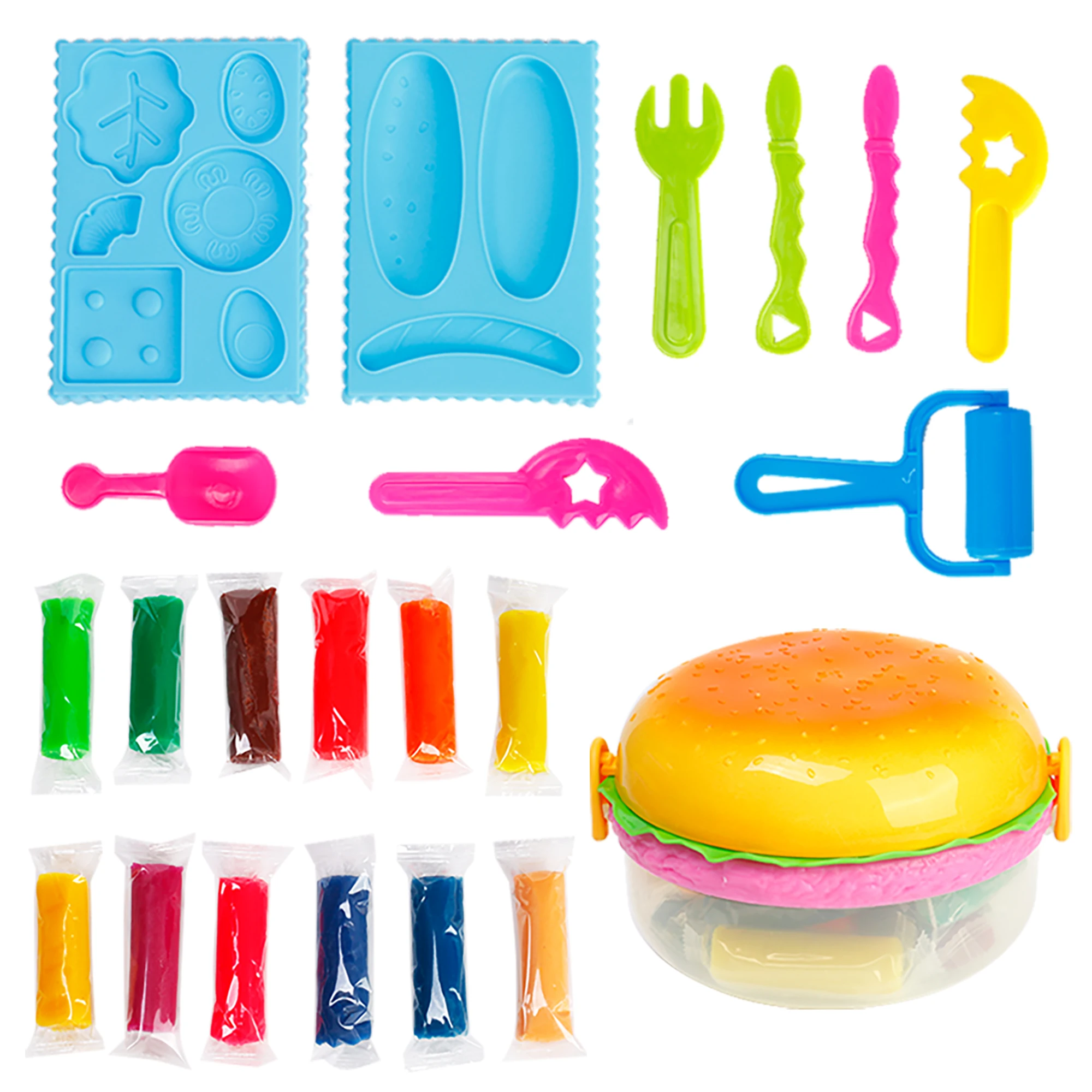 Hamburger Shape Playdough Set with Molds DIY Creative Clay Craft Kit for Kids Fun Modeling Dough Toy with Plastic Burger