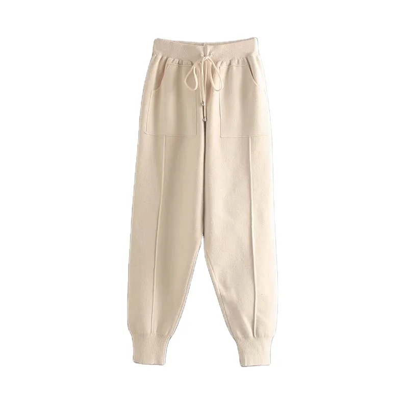 Winter Warm Workwear Carrot Pants Knitted High Waist Women Crop Harem Trousers Solid Peg Leg Fly Pants Casual Drawstring