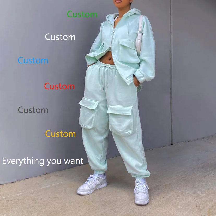 Winter Fashionable Causal Two Piece Clothing Suit for Ladies custom logo zipper Oversize Hoodie and Cargo pant jogger Women Sets