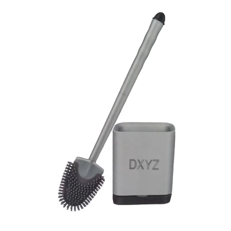 Soft Rubber Long Handle Toilte Brush Self-Adhesive Silicone Flat Head Clean Brush With Holder Set