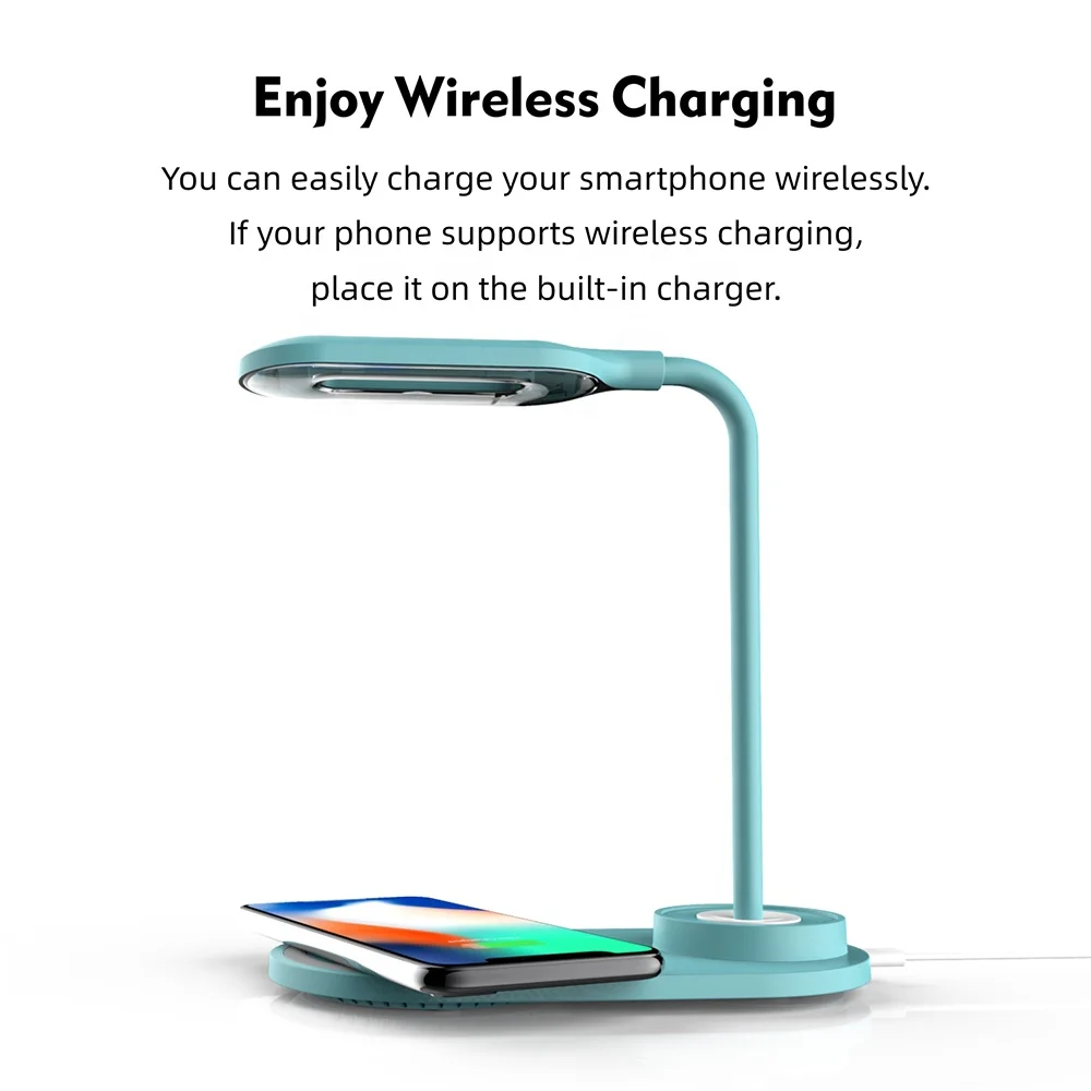 Portable Cell Phone Fast Wireless Chargers Dock Station Desk Lamp With Pen Holder Eye-Caring Touch Switch Reading LED Lamp