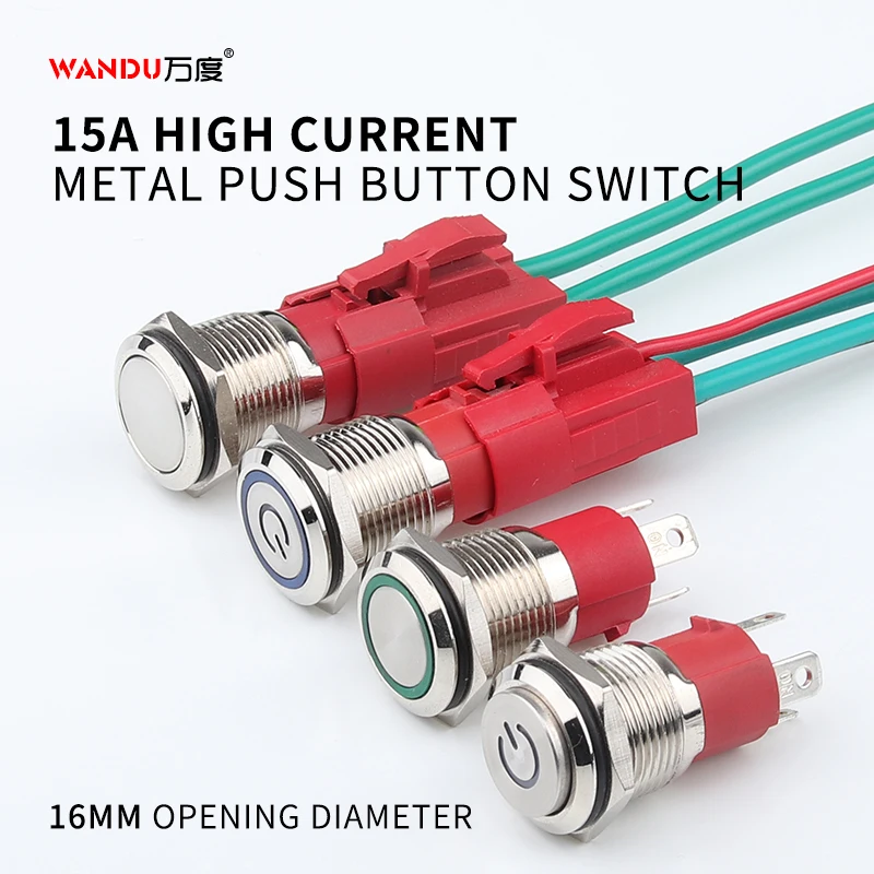 Push Button Switch Momentary Led Push Button Switch with Connector LED Ring Light-emitting Power Symbol Waterproof Metal 16 Mm