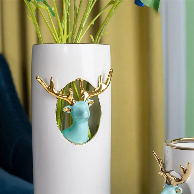 Christmas decoration elk modern europe style blue deer head cylindrical ceramic decor vases for home decor