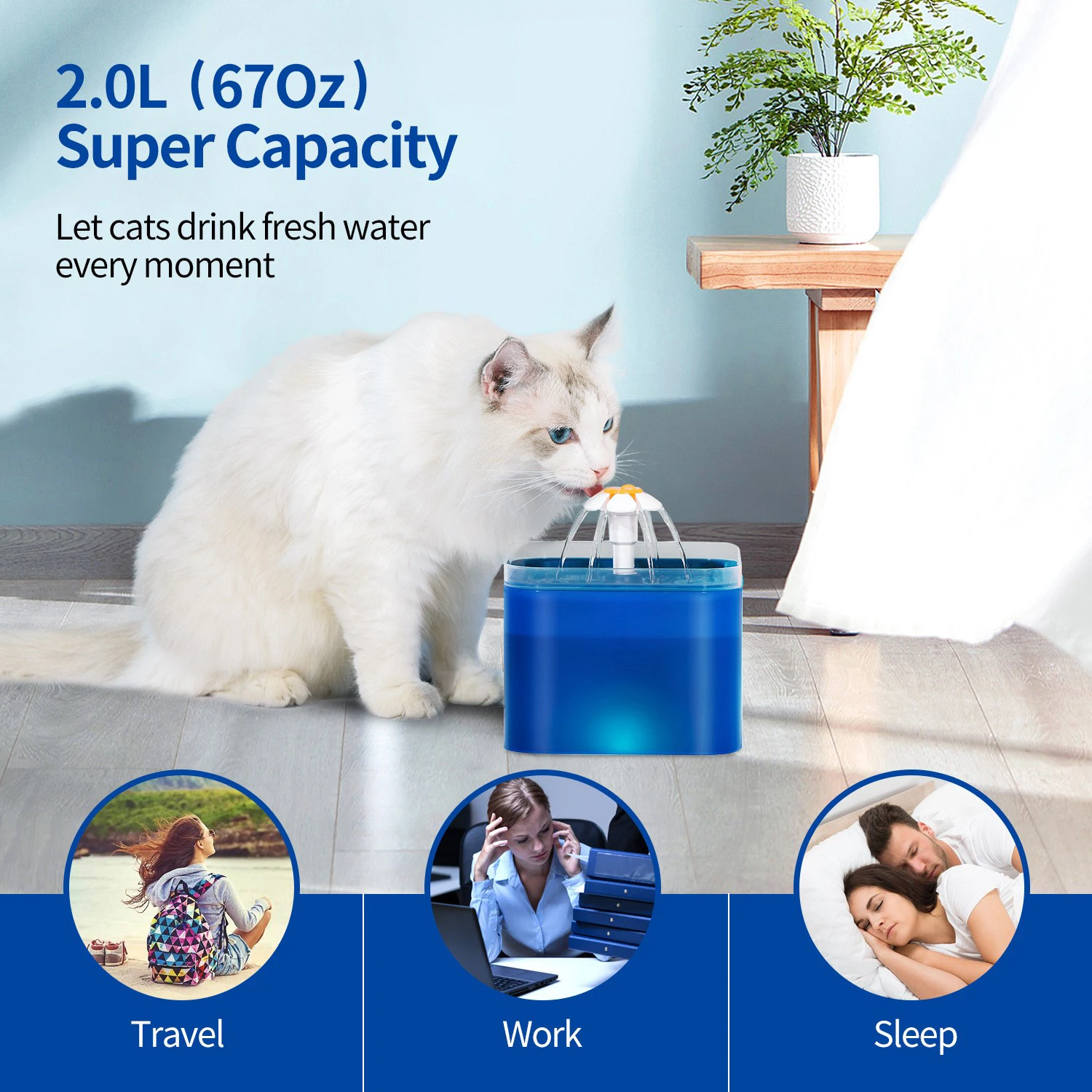 Newest Translucent PP 2L Automatic Cat Pet Water Dispense Electric Mute Water Feeder USB Led Water Drinking Fountain For Cats