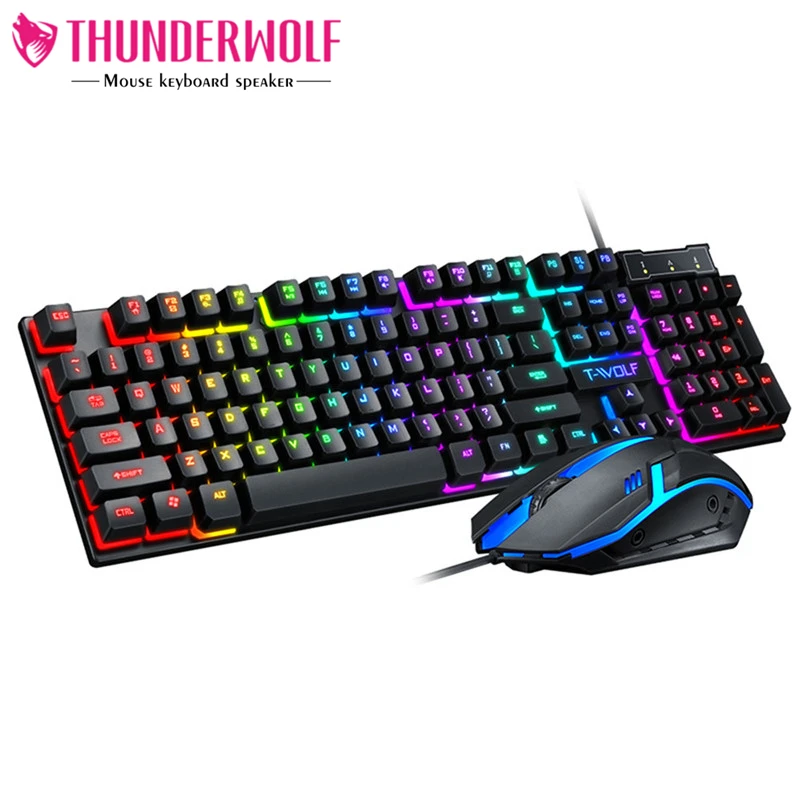 TWOLF TF200 Gaming Wired Keyboard and Mouse Combo Computer Mechanical Feel Backlight Rainbow Light for PC LED Usb Ce Standard