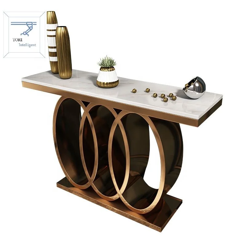 Gold Console Table with Faux Marble Veneer for Dining Room