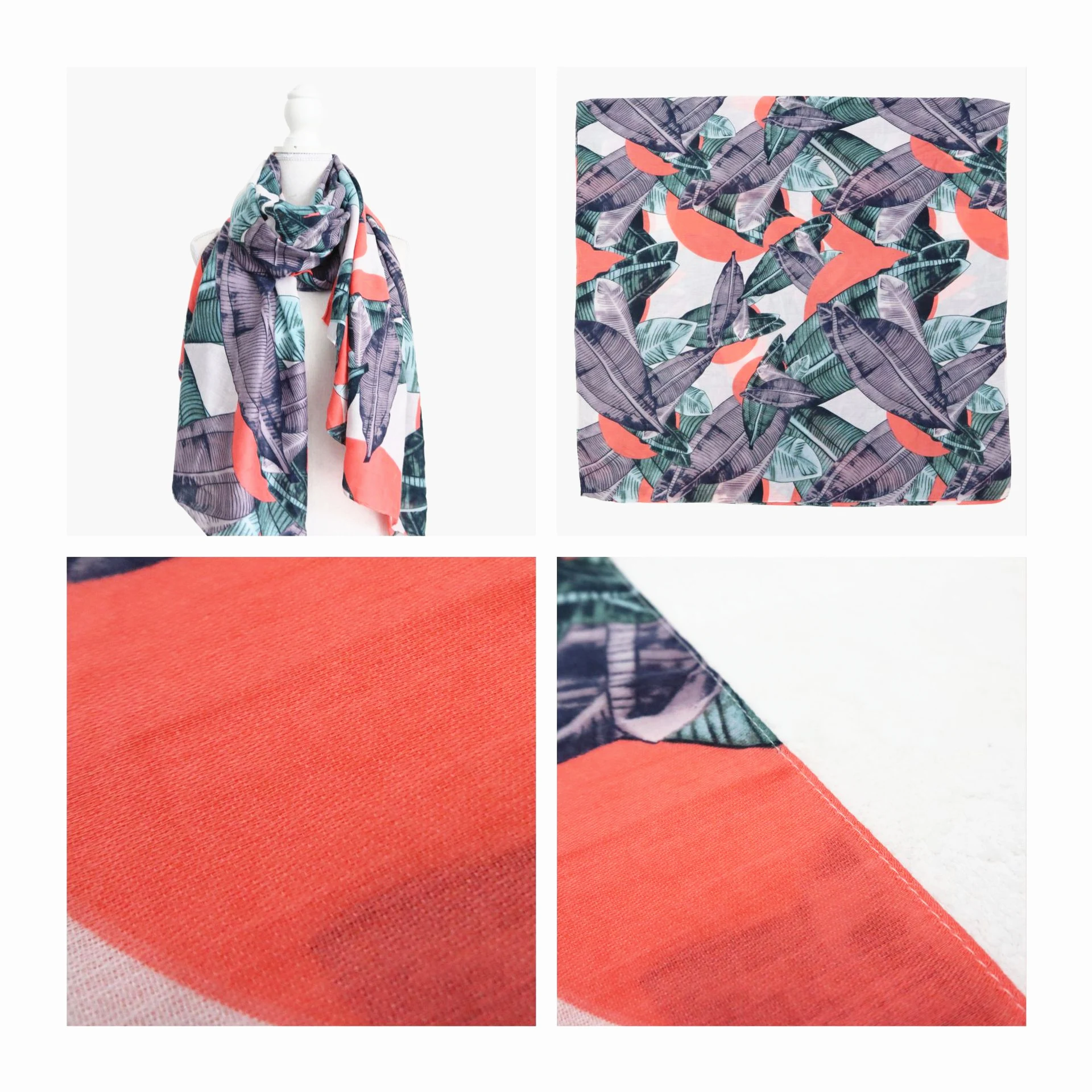 Hijab 2021  Fluorescent color plants  printed scarfs custom cotton linen light weight beach shawl