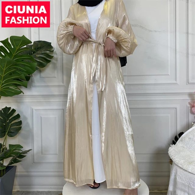 1926#2022 New EID Wholesale Shiny Silk Solid Kimono Islamic Clothing Women Muslim Dresses Dubai Abaya