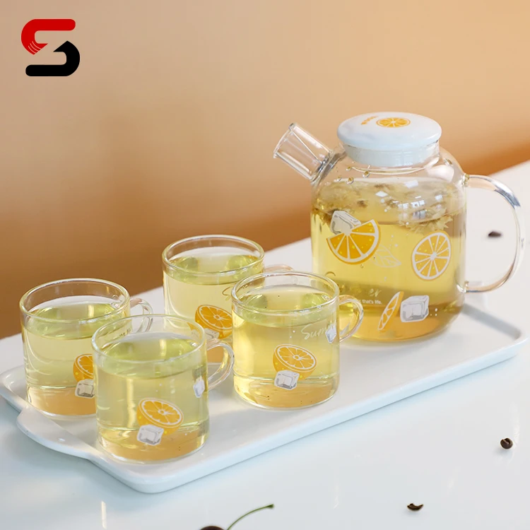 Glass Teapot Mugs Set, 30OZ/850ml Glass Tea Kettle with 4 Orange Tea Cups & Removable Infuser & Tea Warmer,