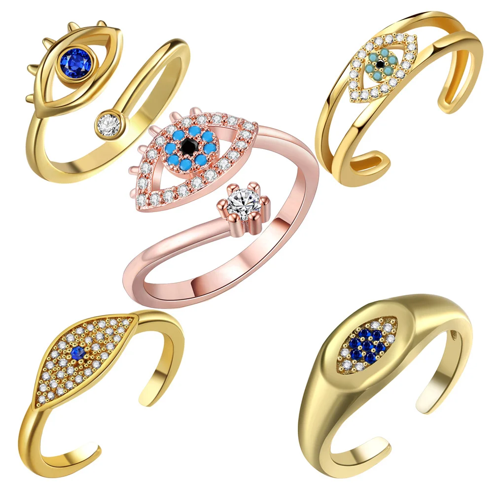 Adjustable Zircon CZ Evil eyes blue Eye Ring stainless steel diamond gold silver eye Statement Ring