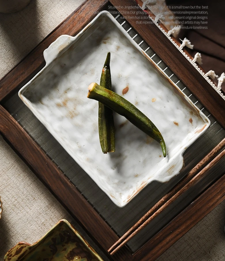 Square green and white ceramic plates handmade glazed dinnerware handle including