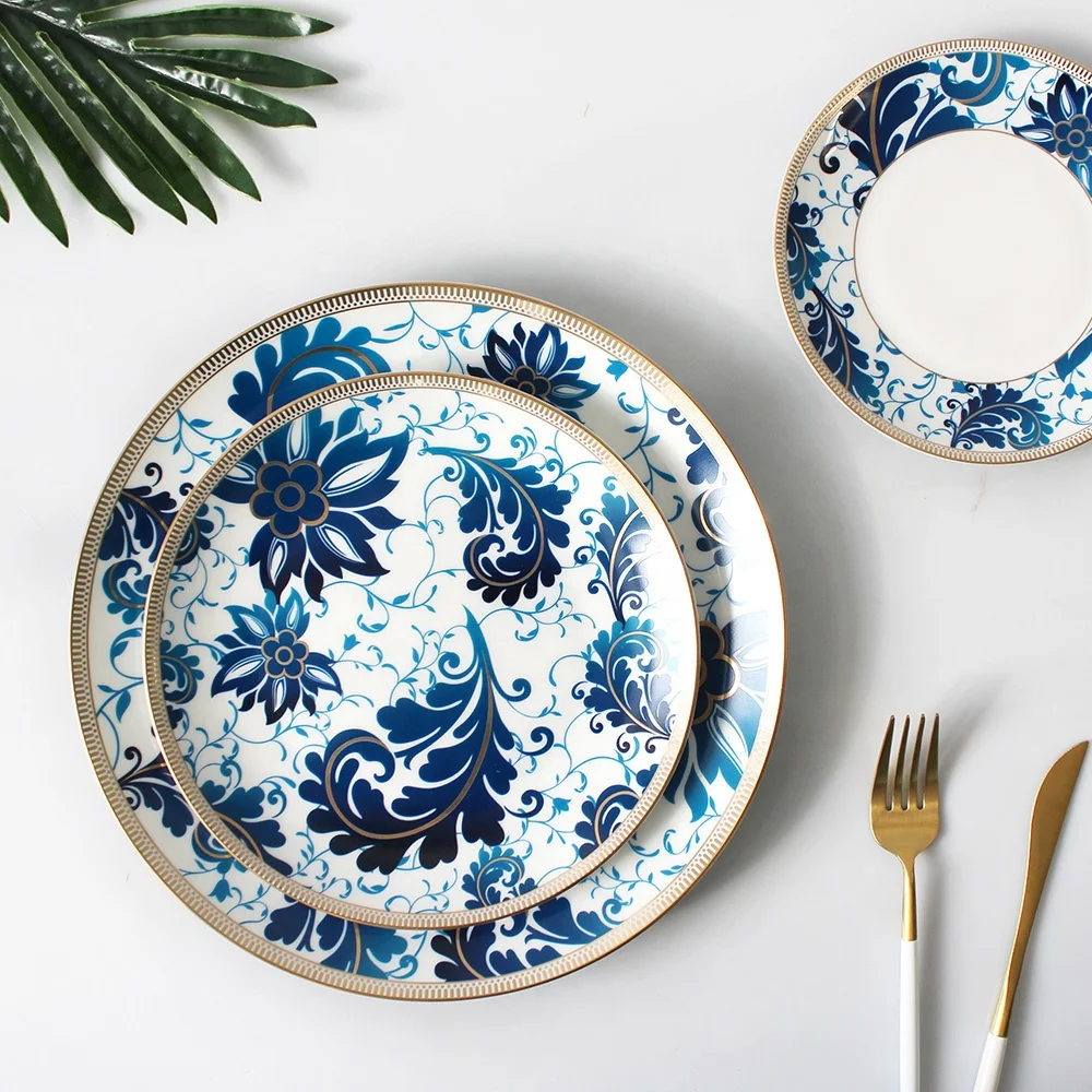 New Design luxury ceramic dinnerware wedding dinner sets bone China plate set blue flower porcelain dinner set