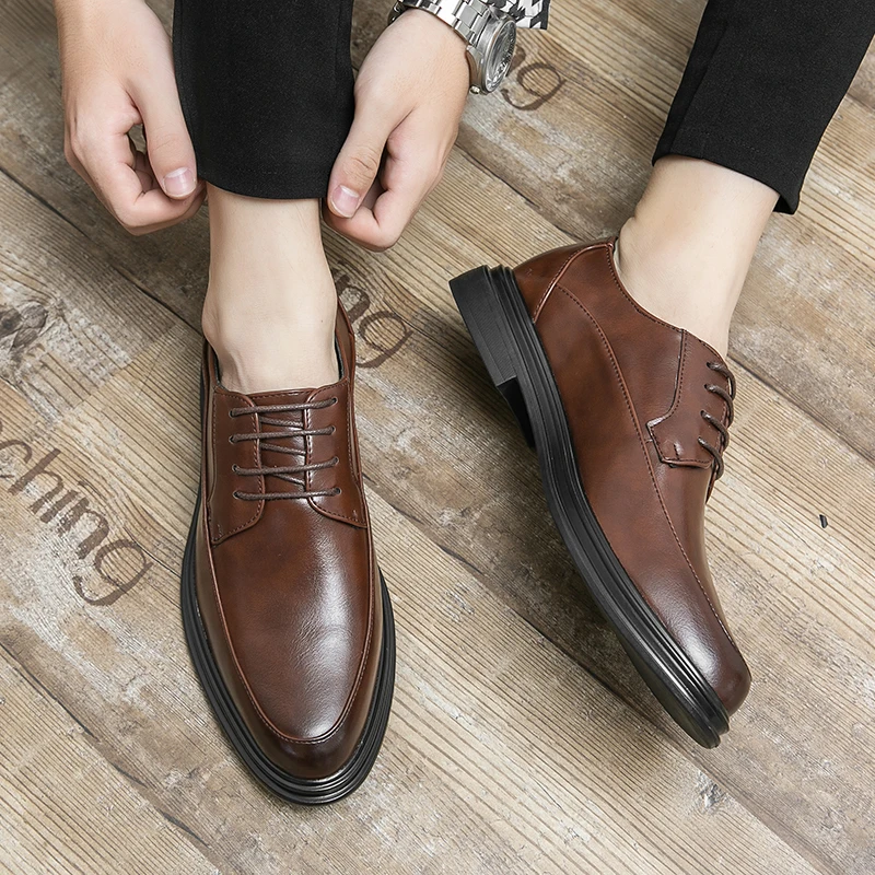 OEM High Quality Lace-up Leather Wear-resistant Point Toe Shoes Casual Walking Styles Leather Loafers Casual Dress Shoes For Men