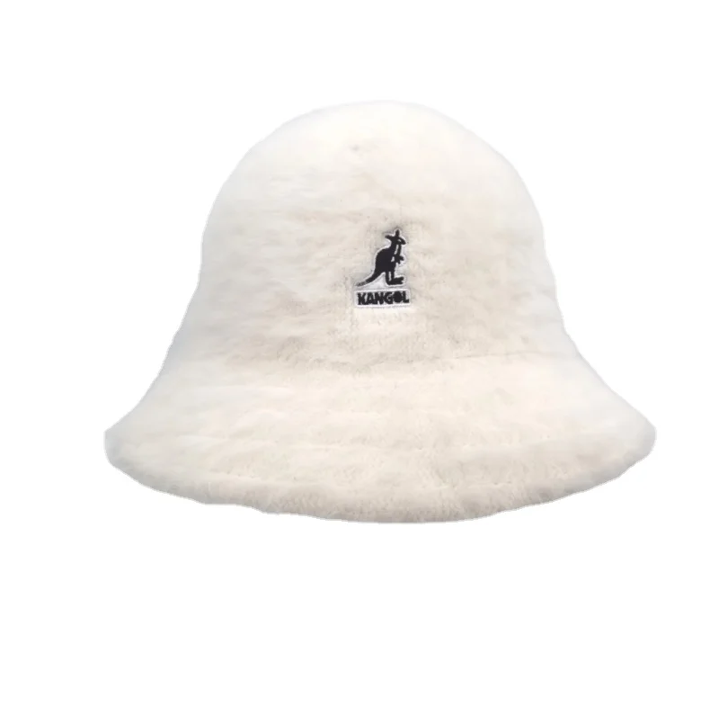 Kangaroo rabbit hair fisherman hat female cold proof and warm personality trend rabbit hair embroidered bucket hats