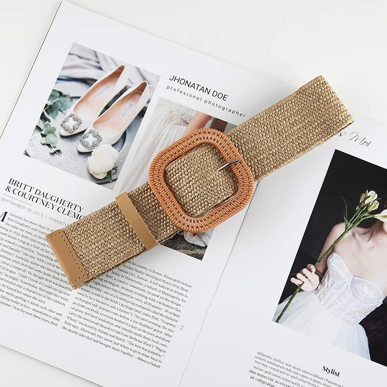 Various Design Women Skinny Dress Stretch Waist Belt PP Straw Woven Elastic Belt With Wooden Round Square Buckle