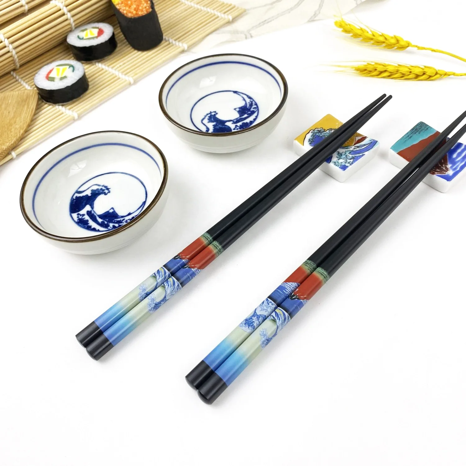 Newly Japanese fujiyama sushi bamboo mats 8pcs ceramic custom dish  dinnerware sushi plates set with chopsticks