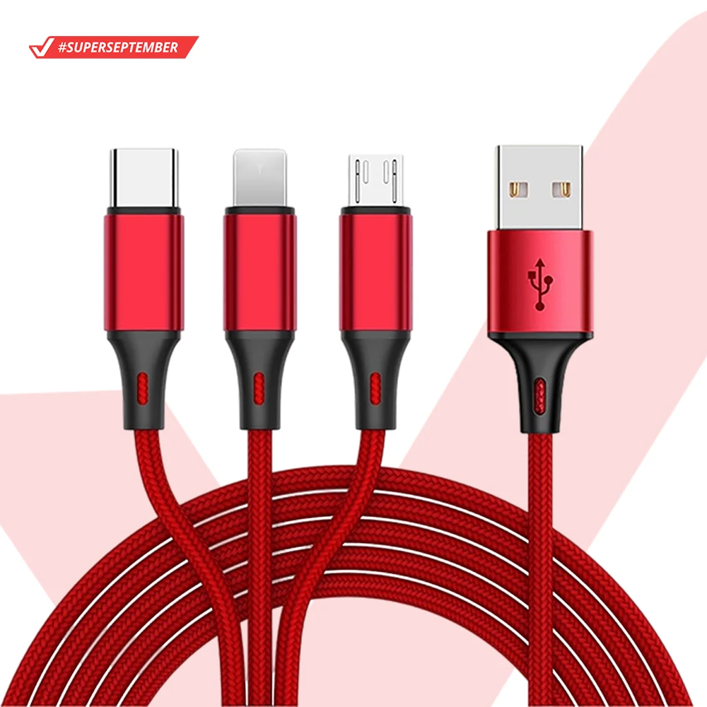 China Mainland Free Shipping Free Sample Amazon Best Selling Products Nylon Braided 2.1A Fast Charging 3 in 1 USB Cable