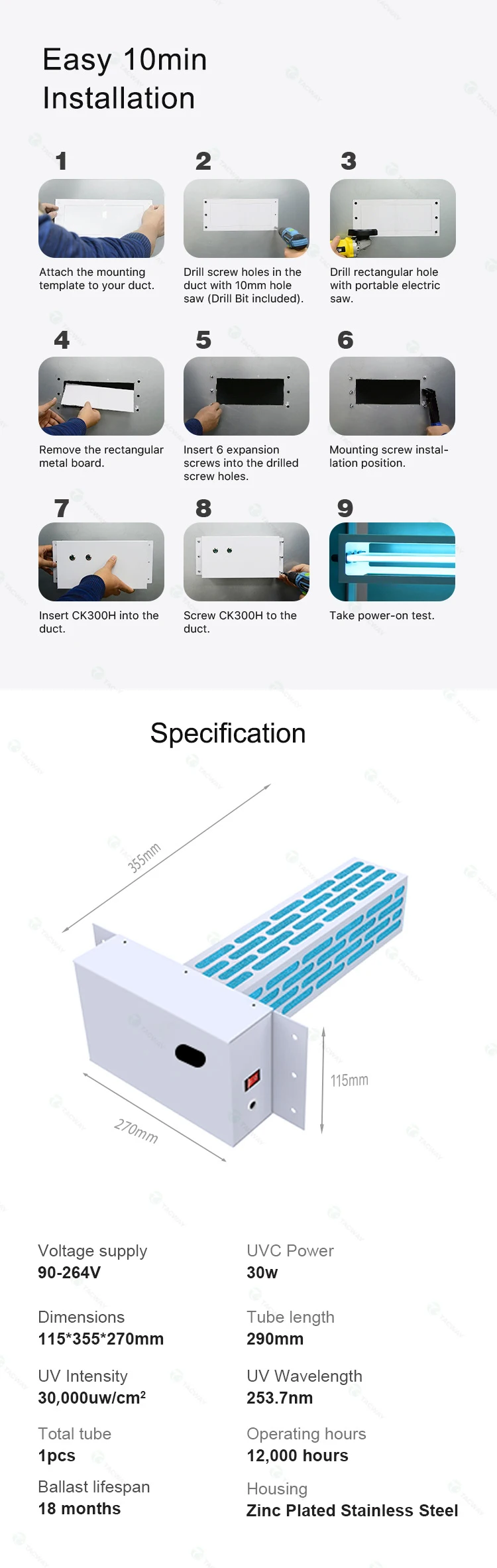 TACWAY 30W CK30D UV DUCT Air Purifier System with Energy Saving Airflow Sensor and UV lamp
