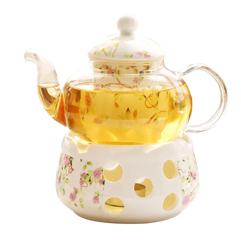 High Quality Elegant Ceramic Porcelain Glass Teapot Set Flower Design Tea Pot With Stand Warmer