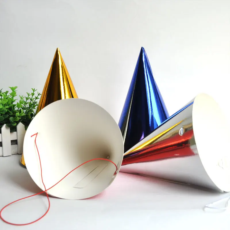 New Happy Birthday Kids Children Adults Metallic Paper Party Hat 4pk with String