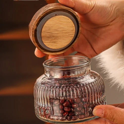Transparent glass tea jar Household vintage pattern sealed jar Snack candy storage jar 260ml350ml750ml bamboo cover wooden cover