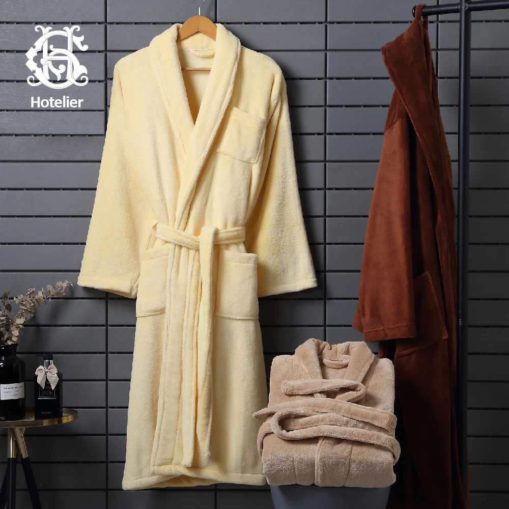 Thick 100% Flannel Coral Fleece Hotel Bathrobe Plush Bath Robe For Women and Man