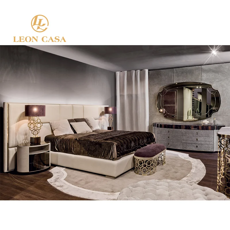 High quality velvet double bed light luxury modern wide headboard bedroom furniture set king size full set