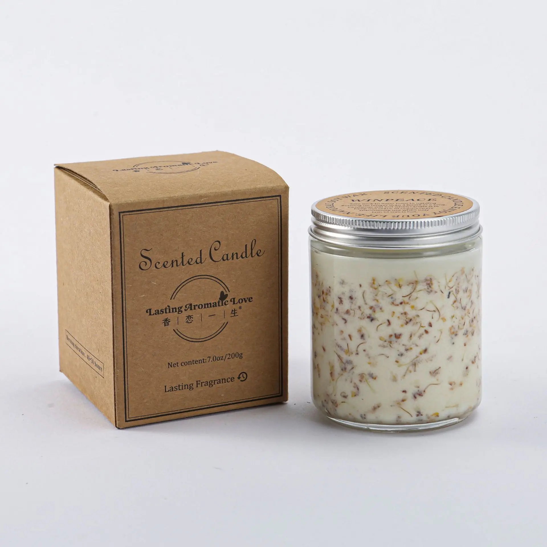 Decorative scented candle dried flower inside osmanthus fragrance bottle candle glass jar with metal closure