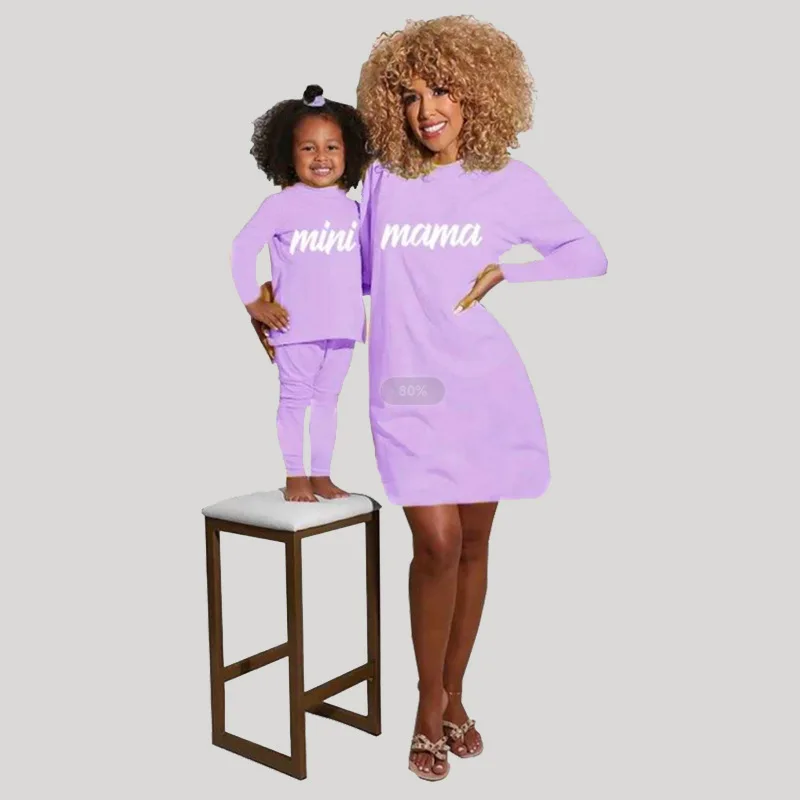 C193-1 wholesale custom logo baby dresses little girl fall solid mama mini sets pajamas two piece set mommy and me outfits