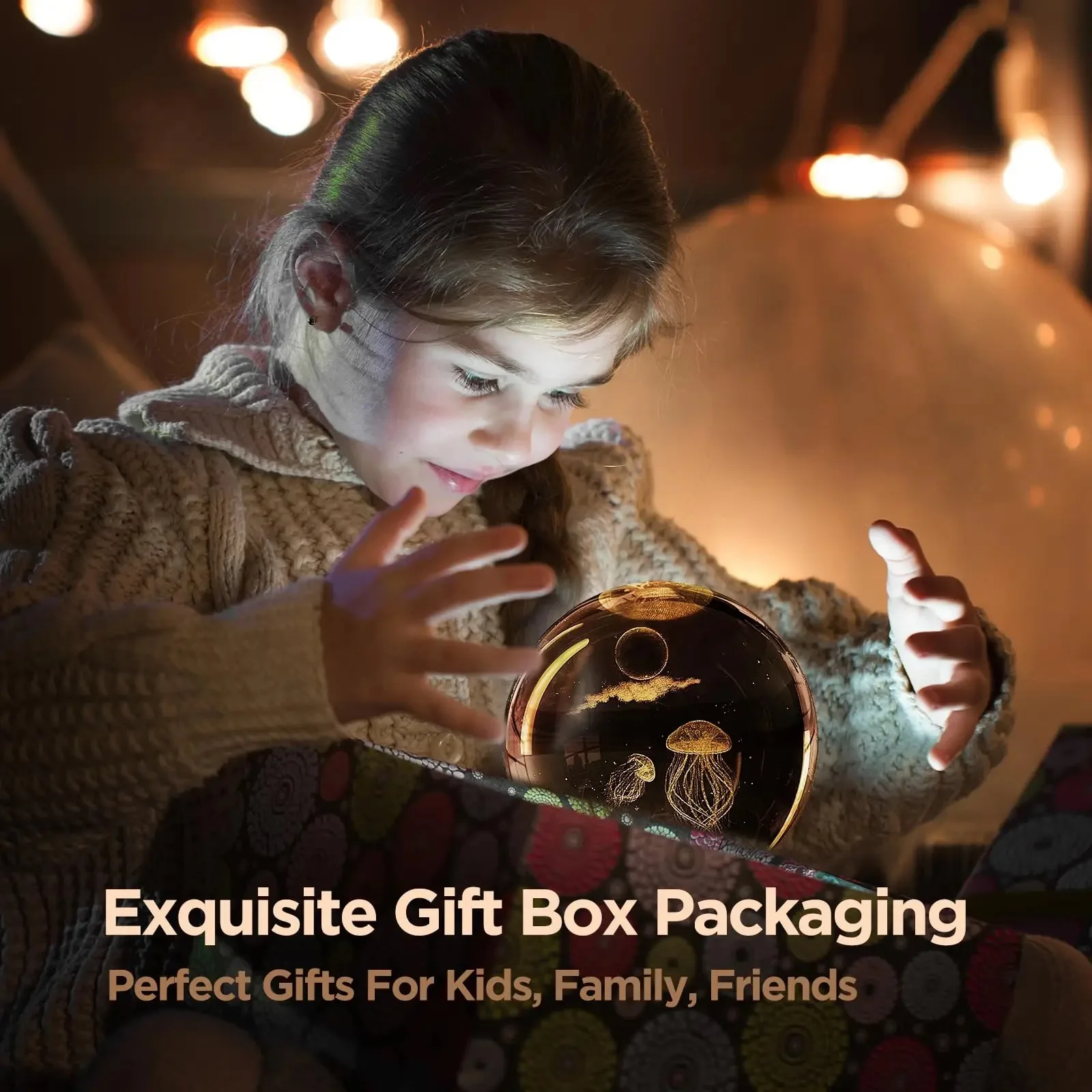 Lovely Children Birthday Gift 80mm Crystal Ball With 3D Laser Engraved Jellyfish With Led Base For Room Night Light