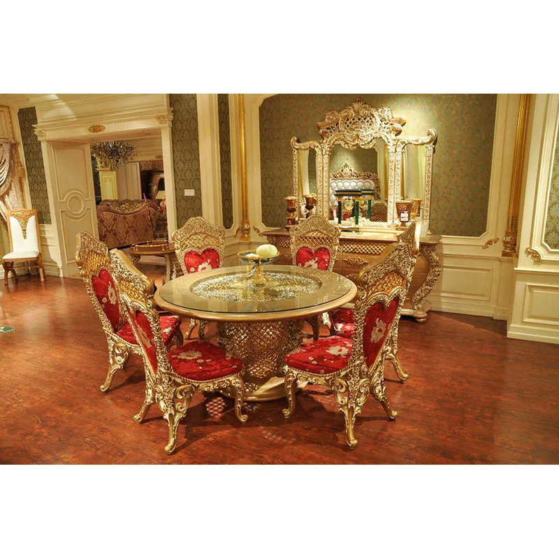 Royal Classic Furniture Red Fabric Dining Chair Solid Wood Luxury Round Dining Table and Chair Set with Glass Top