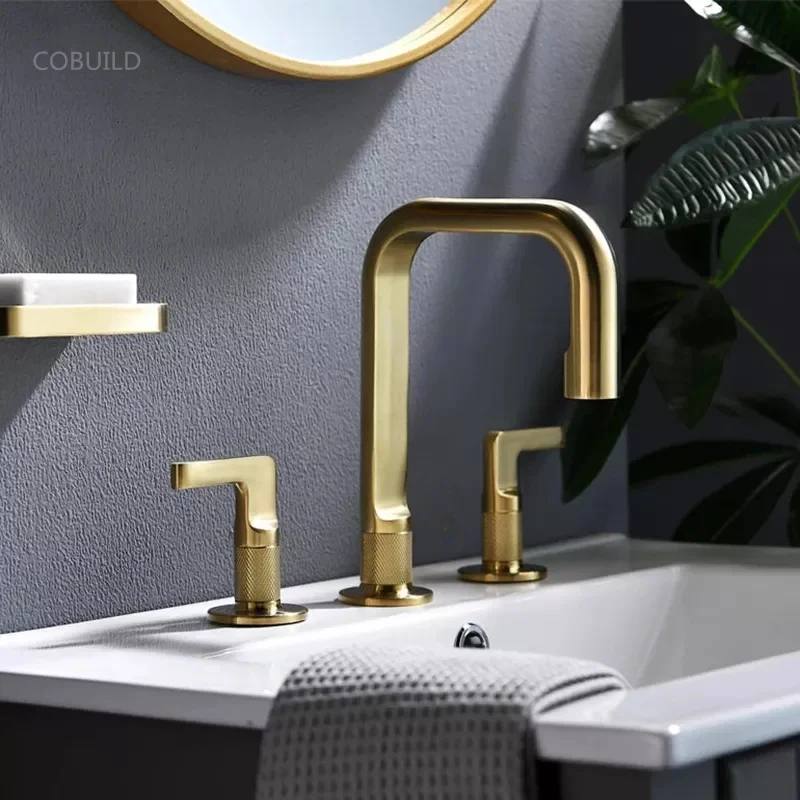 8 inch Widespread Bathroom Sink Faucet 2 Handles Brushed Gold Bathroom faucets Brass Water Basin Faucet for Bathroom