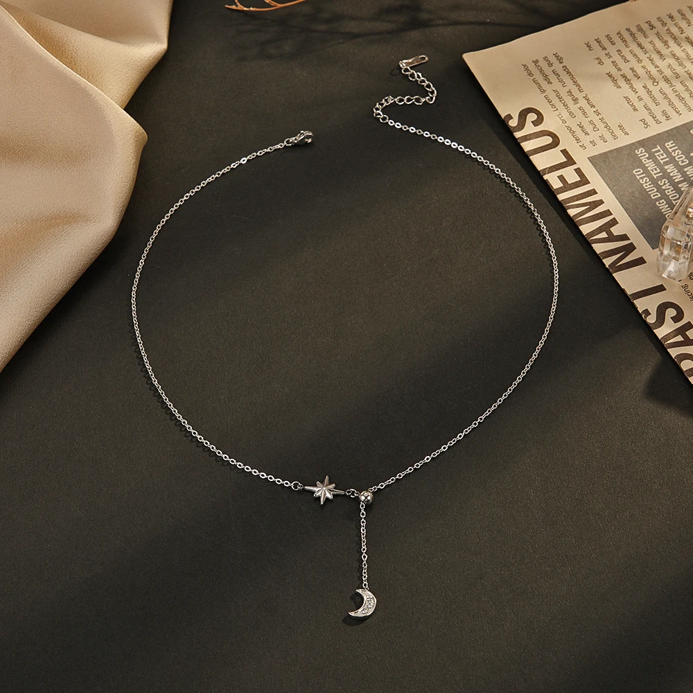 14K Gold PVD Plating Stainless Steel Fashion Elegant Design Star And Moon Pendant Necklace Women Jewelry