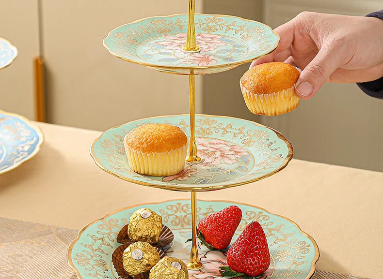 European Gold-Plated Two-Layer Ceramic Fruit Plate Afternoon Tea Snack Holder Living Room Fruit Plate Dessert Cake Plate