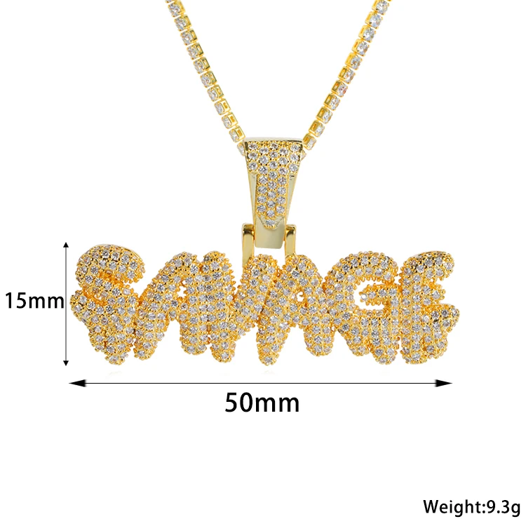 
Amazon Hot Sale Gold Plated Letter Pendant With Stone For Men Hip Hop SAVAGE Letter Pendant Copper Micro 