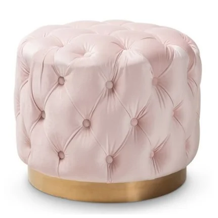 Blushed pink velvet tufted round ottoman with gold base