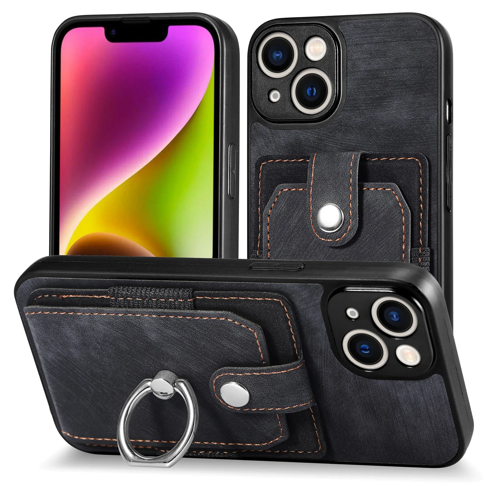 Stock Wholesale Buckle Ring Leather Phone Case Phone Pu Leather Case for Iphone 14 Pro Max Cover