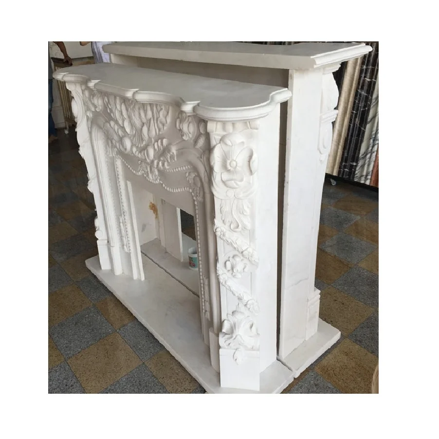 China white marble fireplace with flower carving on the stone (1600451979117)