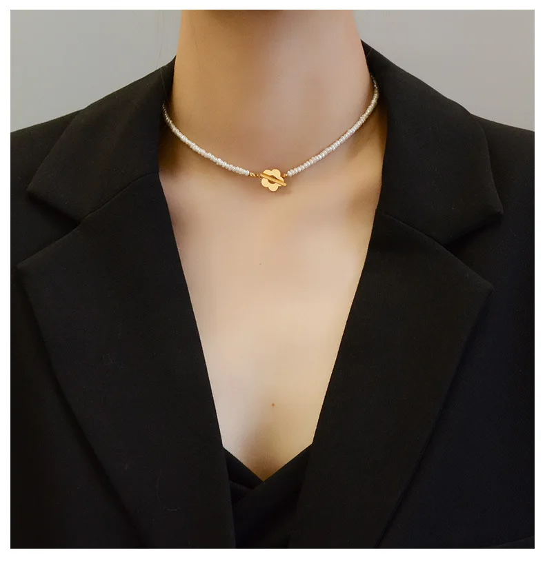 Retro Temperament Baroque Freshwater Pearl Seed Bead Necklace Flower OT Clasp Clavicle Chain Necklace