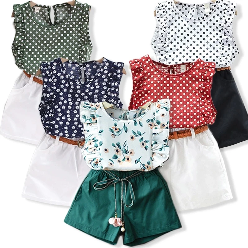 50%OFF Fashion Clothes Set Short Sleeve Shirt Short Skirt 2 Piece Suits Cartoon Girl Bow Kids Clothes Set