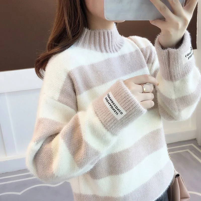 Hot Sales Colorblock Mink Velvet Sweater Pullover Women custom Winter Clothes Half Turtleneck sweater wholesale